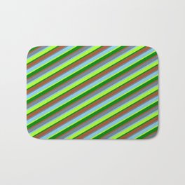 [ Thumbnail: Slate Gray, Sky Blue, Light Green, Green, and Sienna Colored Stripes Pattern Bath Mat ]