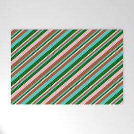 [ Thumbnail: Turquoise, Dark Green, Pink, and Sienna Colored Lines Pattern Welcome Mat ]