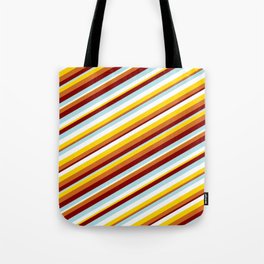 [ Thumbnail: Vibrant Powder Blue, White, Yellow, Chocolate, and Maroon Colored Lines Pattern Tote Bag ]