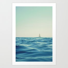 White Sailing Boat Sailing on the Horizon, Open Blue sea Art Print