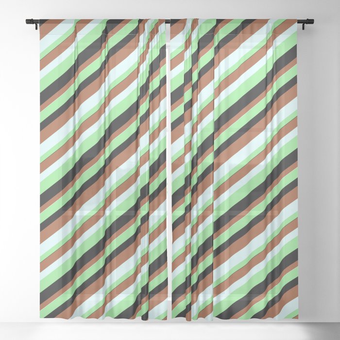 Light Green, Black, Sienna, and Light Cyan Colored Lined Pattern Sheer Curtain