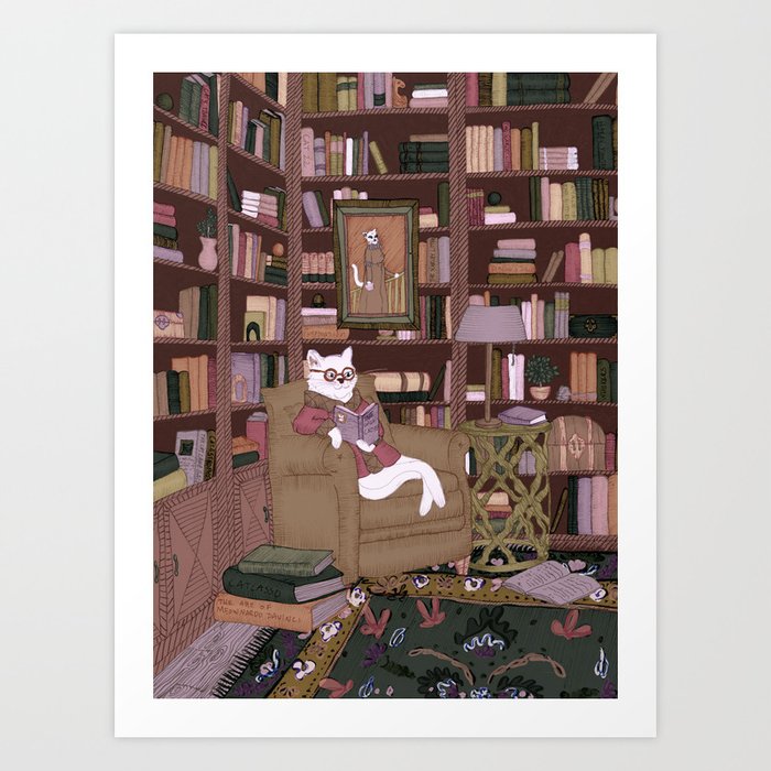 A Gentleman Cat in His Library Art Print