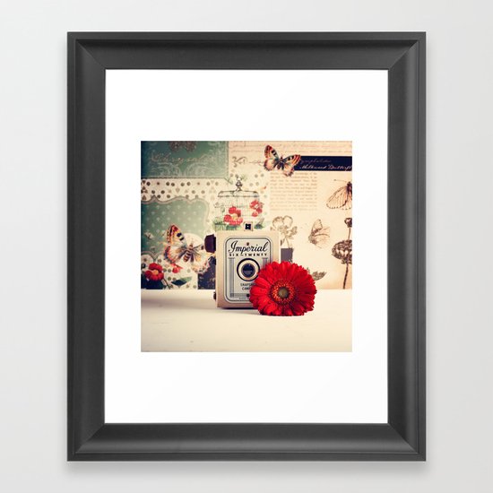 Retro Camera and Red Flower (Retro and Vintage Still Life Photography) Framed Art Print