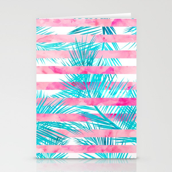 Modern pink turquoise tropical palm tree watercolor stripes pattern Stationery Cards