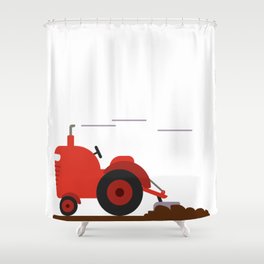 A vintage tractor plowing the land Shower Curtain