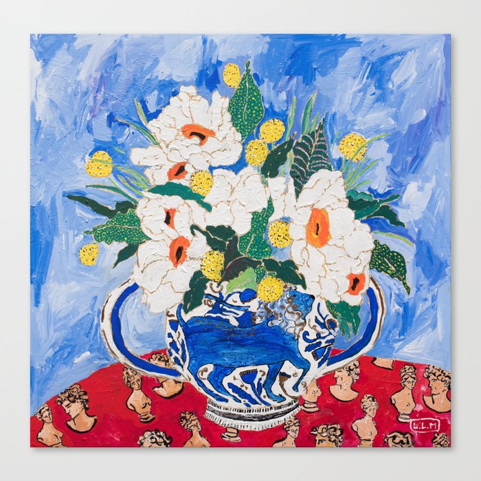 Queen of California - Giant Matilija Poppy Bouquet in Lion Vase on Blue Canvas Print