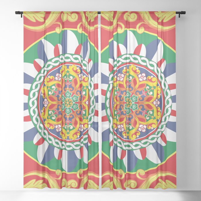 Sicilian Baroque Floral Mandala Tile Sheer Curtain