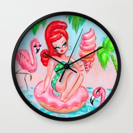 Redhead Pinup Girl on Donut Floatie with Flamingos Wall Clock