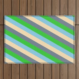 [ Thumbnail: Sky Blue, Beige, Slate Gray, and Lime Green Colored Striped/Lined Pattern Outdoor Rug ]