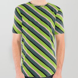 [ Thumbnail: Green, Pink, Dark Slate Gray, and Black Colored Lined Pattern All Over Graphic Tee ]