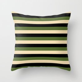 [ Thumbnail: Dark Olive Green, Tan & Black Colored Striped/Lined Pattern Throw Pillow ]