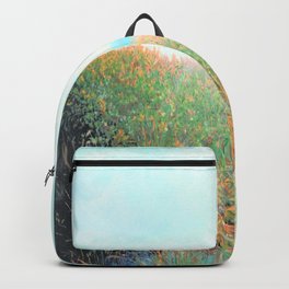 Island Beach, New Day1 Medium Tone Oil Pastel Drawing Backpack | Blue, Drawing, Green, Blueskywithclouds, Sandshadows, Rust, Copper, Oceanview, Iridescentwhite, Coastal 