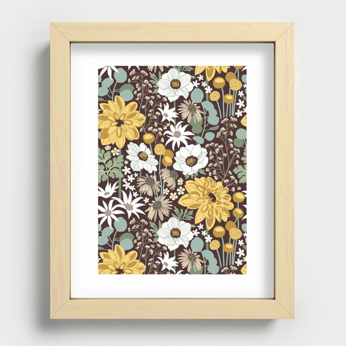 Boho garden // expresso brown background sage green yellow ivory and white flowers  Recessed Framed Print