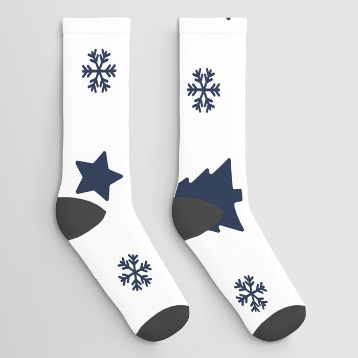 Christmas Pattern White Navy Blue Tree Snowflake Socks