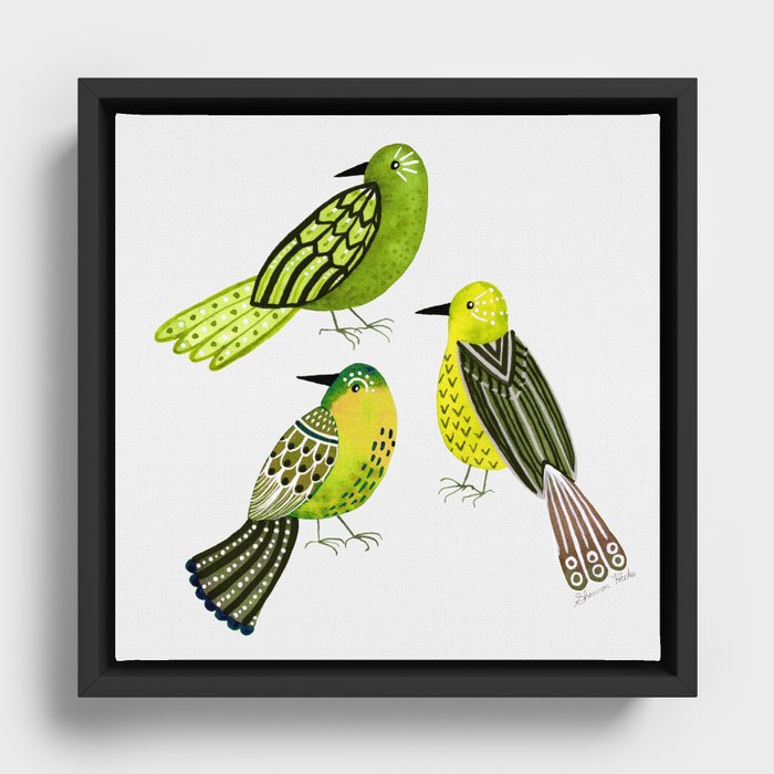 Lime Green Watercolour Folk Art Birds  Framed Canvas