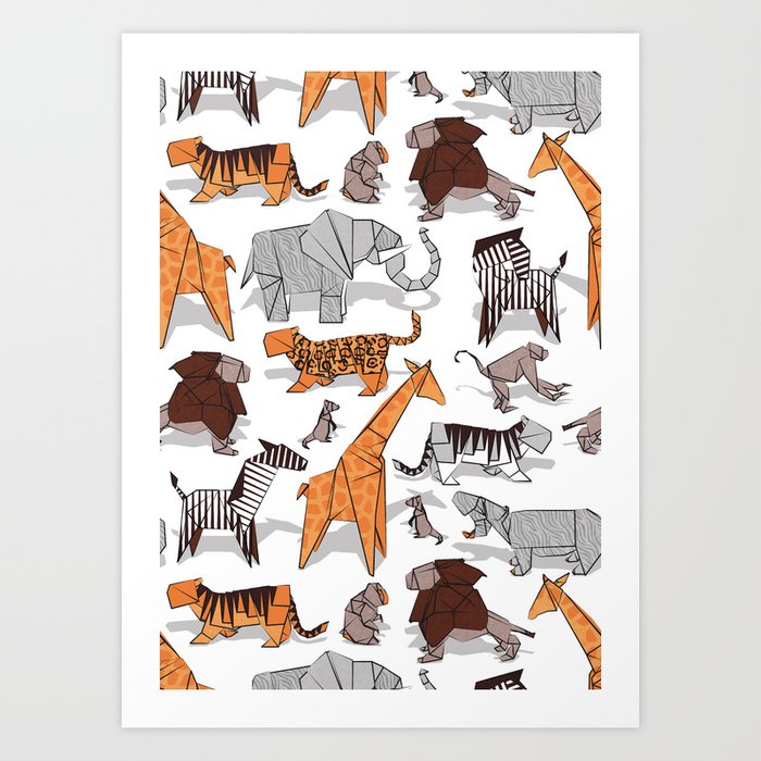 Origami safari animalier // white background orange giraffes Art Print