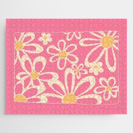 FlowerPower - Pink Daisy Colourful Retro Minimalistic Art Design Pattern Jigsaw Puzzle