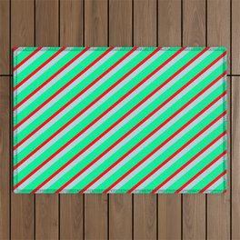 [ Thumbnail: Green, Red & Powder Blue Colored Striped Pattern Outdoor Rug ]