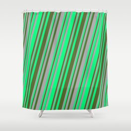 [ Thumbnail: Dark Grey, Green & Dark Olive Green Colored Lines/Stripes Pattern Shower Curtain ]