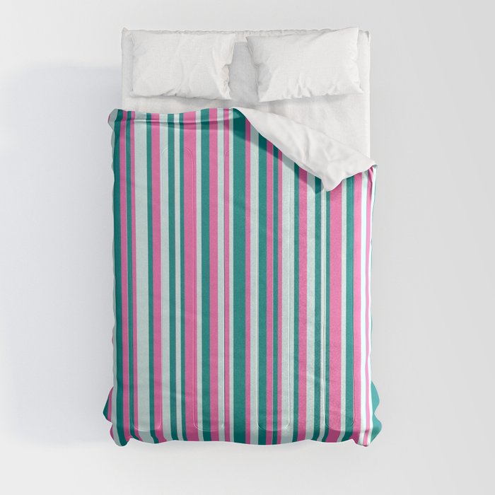 Hot Pink, Dark Cyan & Light Cyan Colored Lines Pattern Comforter