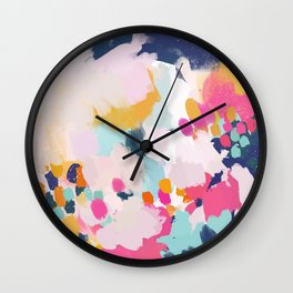Misty Blooms- abstract - blue , pink and yellow Wall Clock