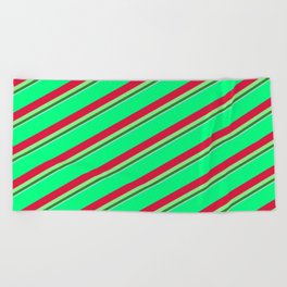 [ Thumbnail: Vibrant Green, Crimson, Light Green, Forest Green & Light Blue Colored Striped/Lined Pattern Beach Towel ]