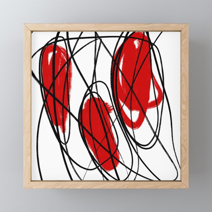 Three Circle Red, Black, and White Minimalist Abstract Linear Dot Painting Framed Mini Art Print