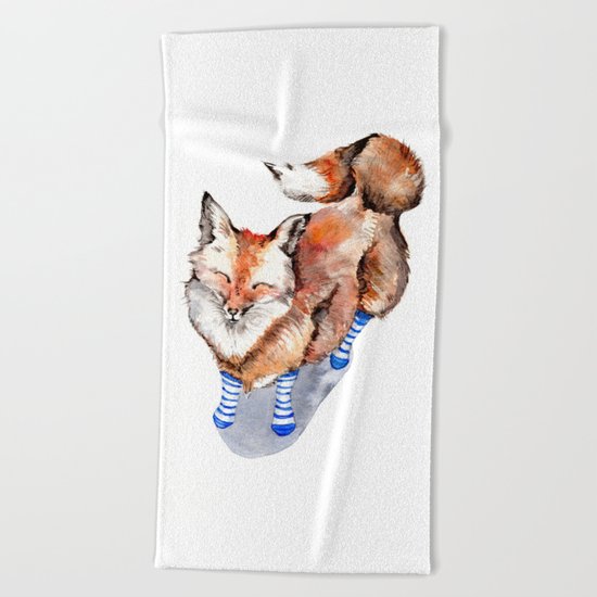 Smiling Red Fox in Blue Socks Beach Towel