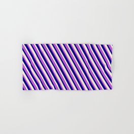 [ Thumbnail: Orchid, Blue & Beige Colored Striped Pattern Hand & Bath Towel ]