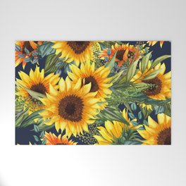 Festive, Sunflower, Yellow and Green on Navy Blue, Floral Prints Welcome Mat