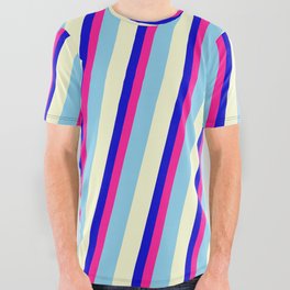 [ Thumbnail: Blue, Deep Pink, Sky Blue, and Light Yellow Colored Stripes/Lines Pattern All Over Graphic Tee ]