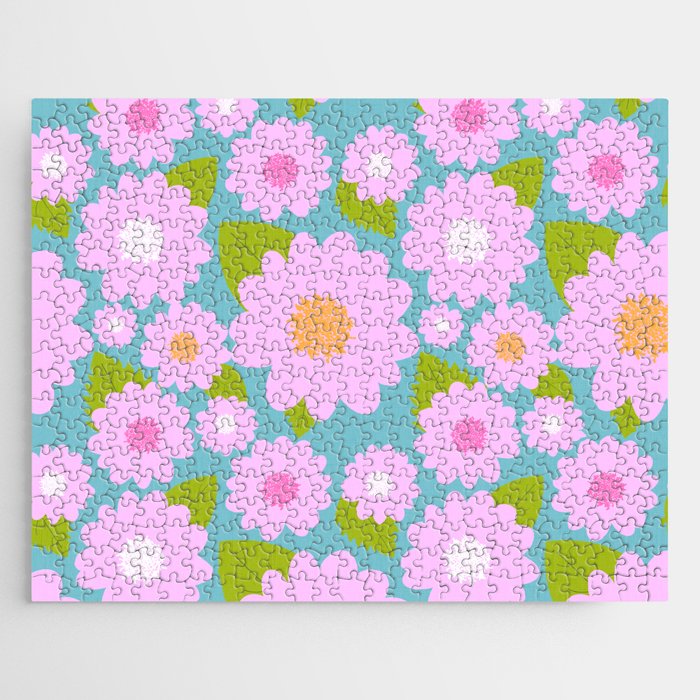 Fun Pretty Pink Summer Garden Flowers On Turquoise Jigsaw Puzzle