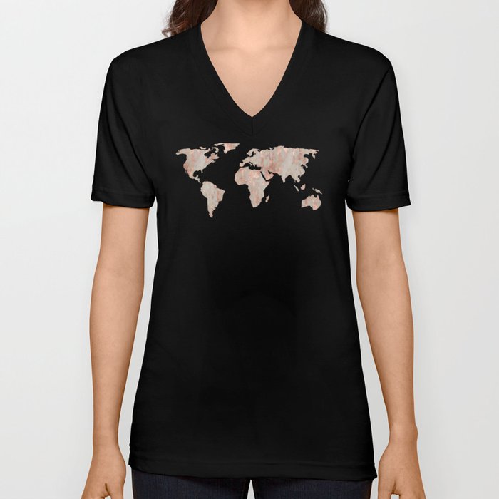 World Map Marble Rose Gold Shimmer V Neck T Shirt