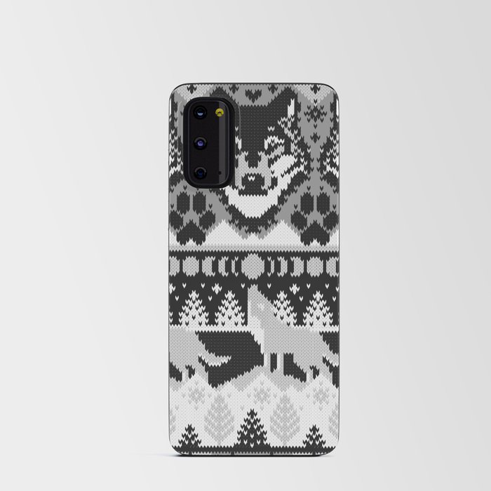 Fair isle knitting grey wolf // black and white wolves moons and pine trees Android Card Case