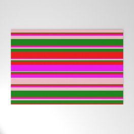 [ Thumbnail: Green, Red, Fuchsia, and Pink Colored Lined/Striped Pattern Welcome Mat ]