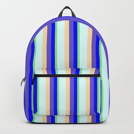 [ Thumbnail: Eye-catching Light Green, Blue, Slate Blue, Tan & Light Cyan Colored Striped/Lined Pattern Backpack ]