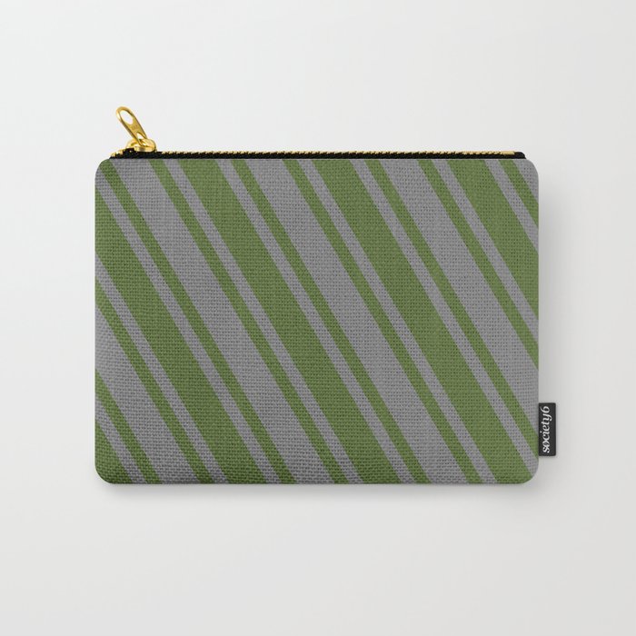 Grey and Dark Olive Green Colored Pattern of Stripes Carry-All Pouch