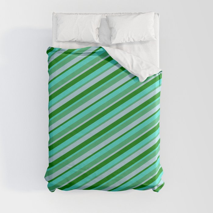 Turquoise, Sea Green, Light Blue, and Green Colored Striped Pattern Duvet Cover