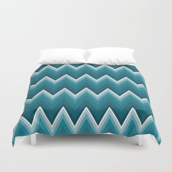 Teal Blue Chevron Zigzag Stripes Pattern Duvet Cover By