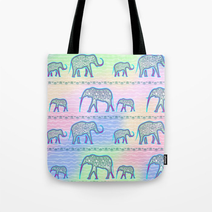 Elephant Family on Pale Stripes Tote Bag