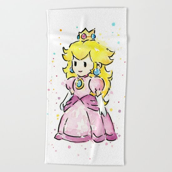 Princess Peach Mario Watercolor Game Art Beach Towel