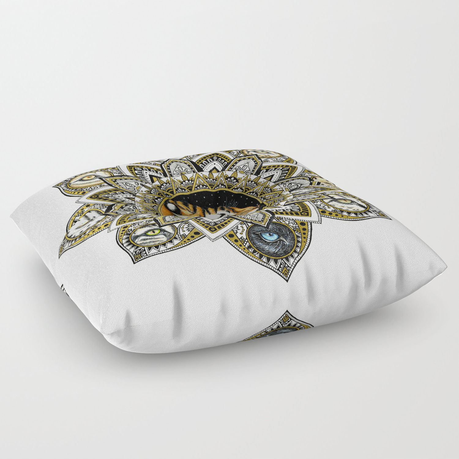 Black And Gold Roaring Tiger Mandala With 8 Cat Eyes Floor Pillow