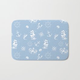 Pale Blue And White Silhouettes Of Vintage Nautical Pattern Bath Mat