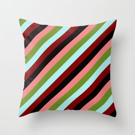 [ Thumbnail: Eyecatching Light Coral, Green, Turquoise, Maroon & Black Colored Striped/Lined Pattern Throw Pillow ]
