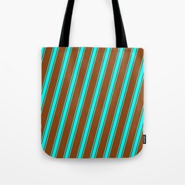 [ Thumbnail: Brown and Cyan Colored Stripes Pattern Tote Bag ]