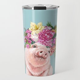 Flower Crown Baby Pig in Blue Travel Mug