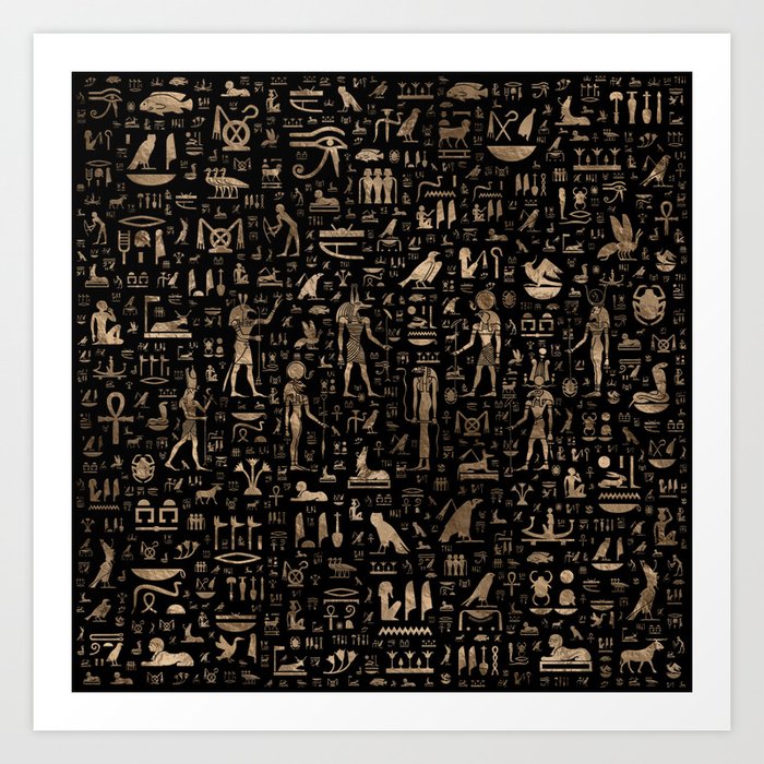 Ancient Egyptian Gods and hieroglyphs Black and gold Art Print by