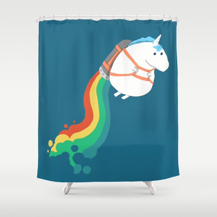 Fat Unicorn on Rainbow Jetpack Shower Curtain