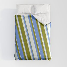 [ Thumbnail: Mint Cream, Green & Cornflower Blue Colored Striped/Lined Pattern Comforter ]