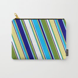 [ Thumbnail: Eyecatching Green, Deep Sky Blue, White, Blue, and Tan Colored Stripes/Lines Pattern Carry-All Pouch ]